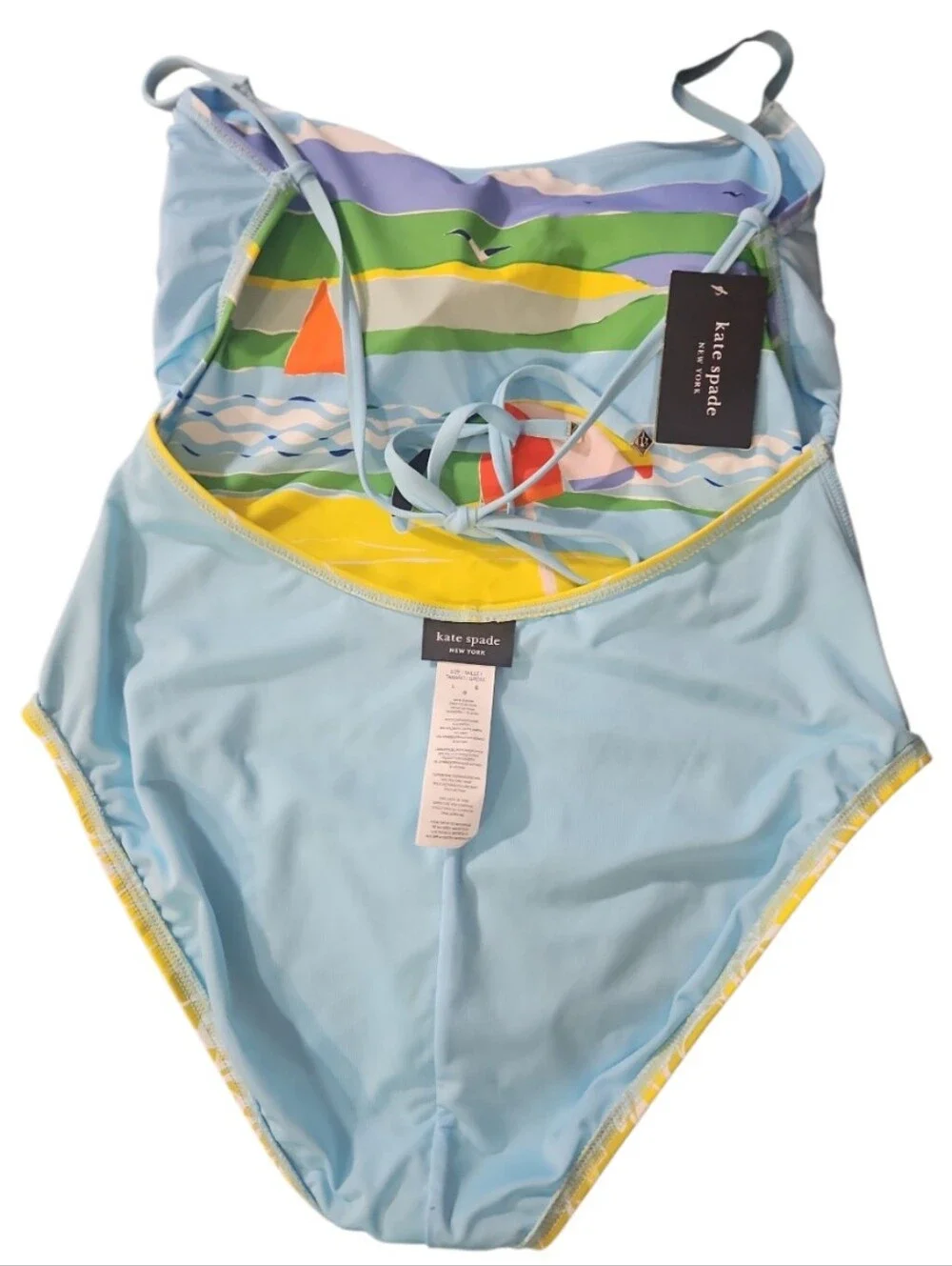 Kate Spade Summer Day Tie Back One Piece Swimsuit Multi Beach Graphic L NWT